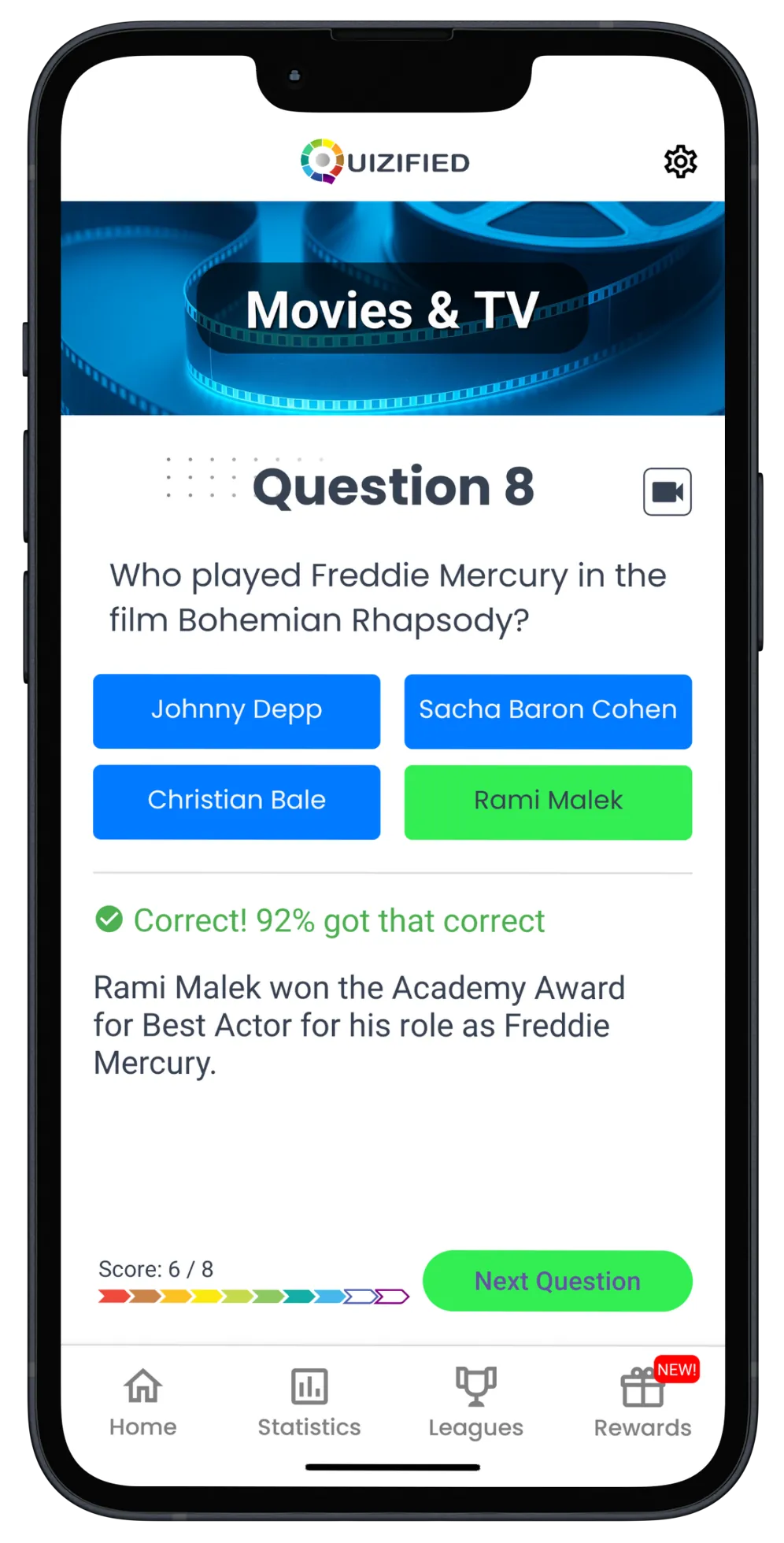 A screenshot of the Quizified app showing a question and the user's score.