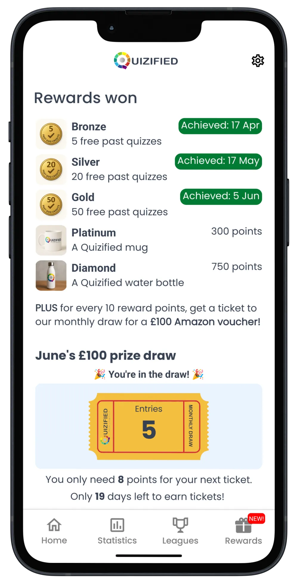 A screenshot of the Quizified app showing the rewards screen.
