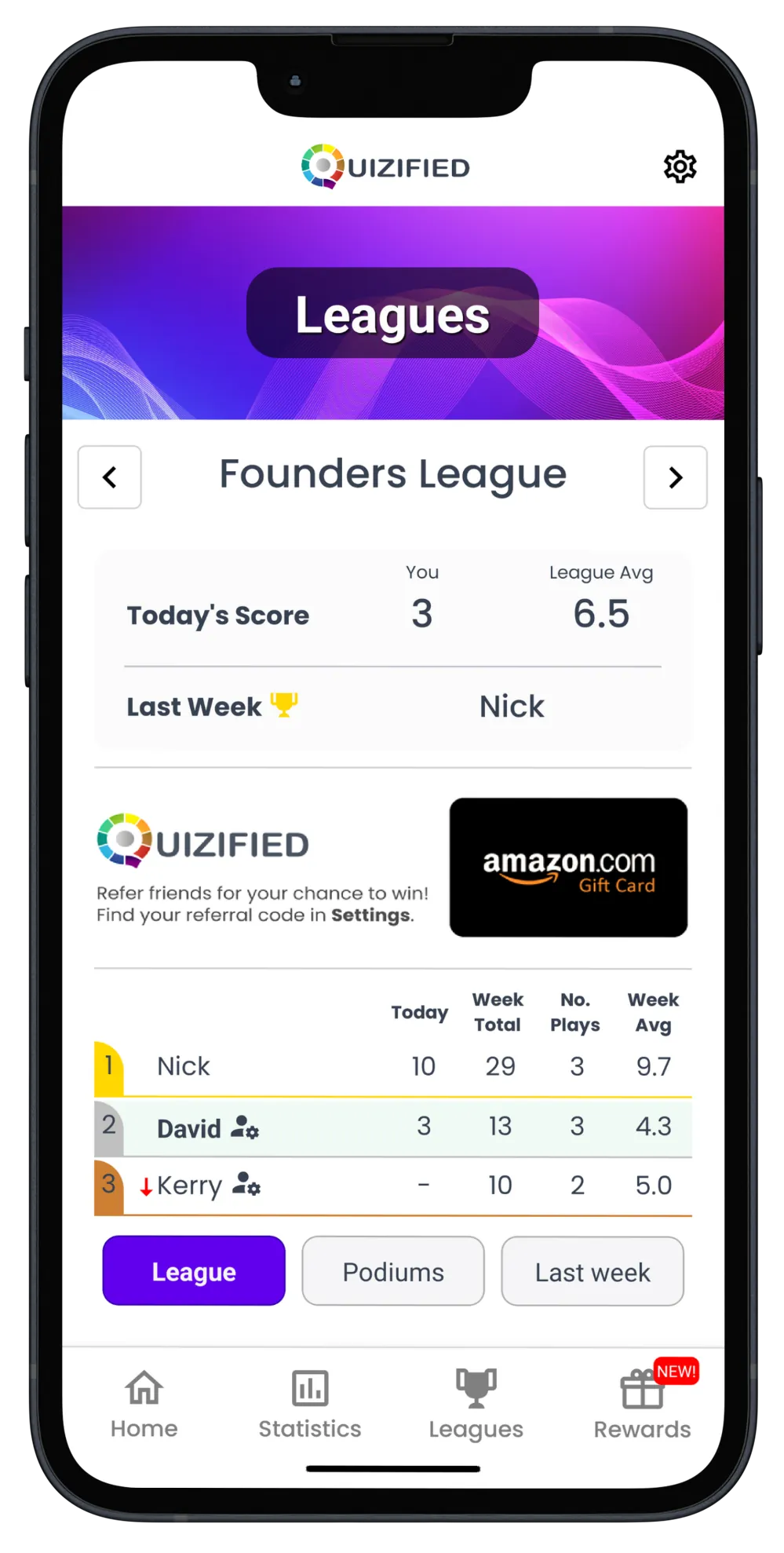 A screenshot of the Quizified app showing the leagues screen.