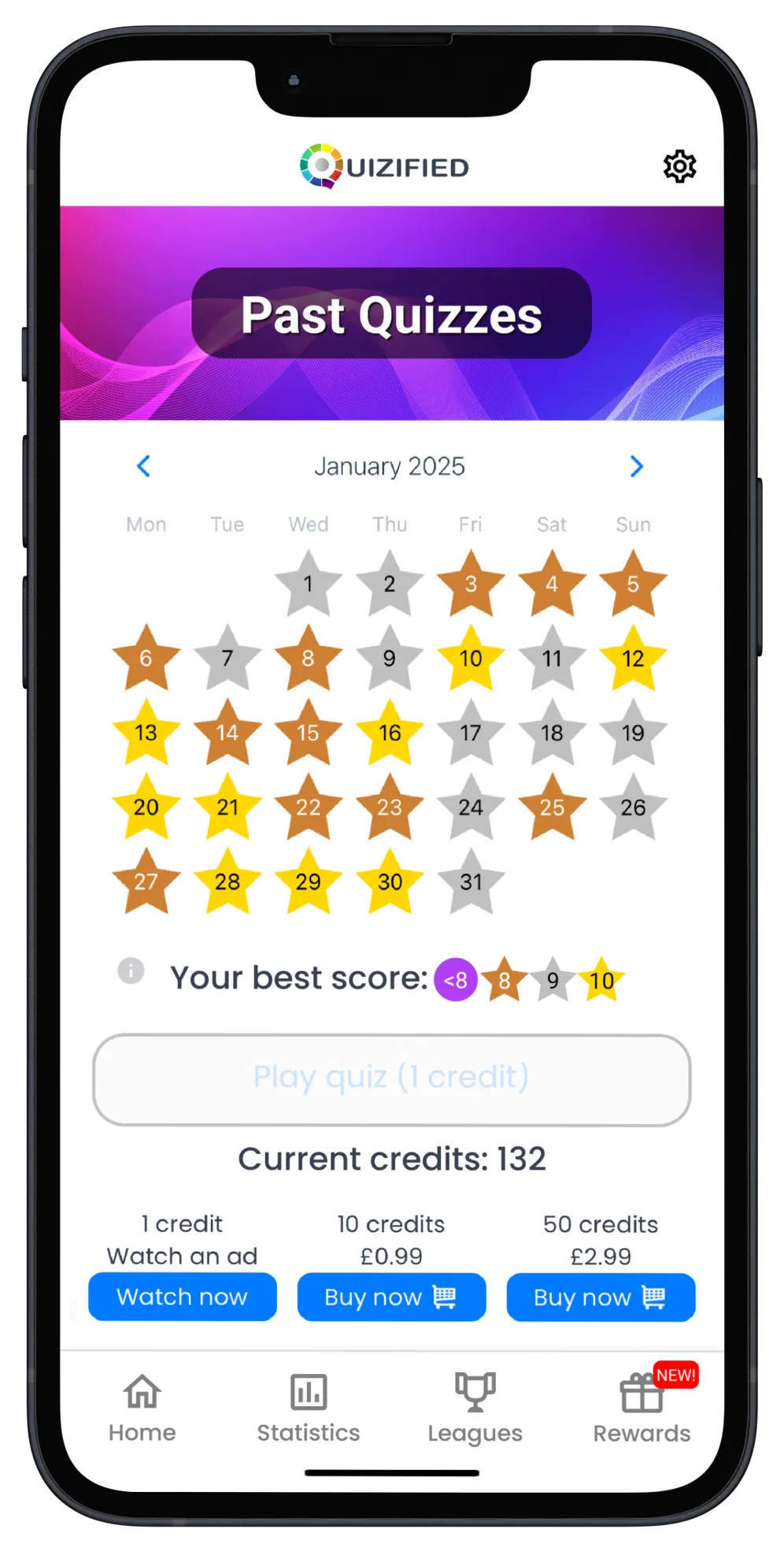A screenshot of the Quizified app showing the past quizzes screen.