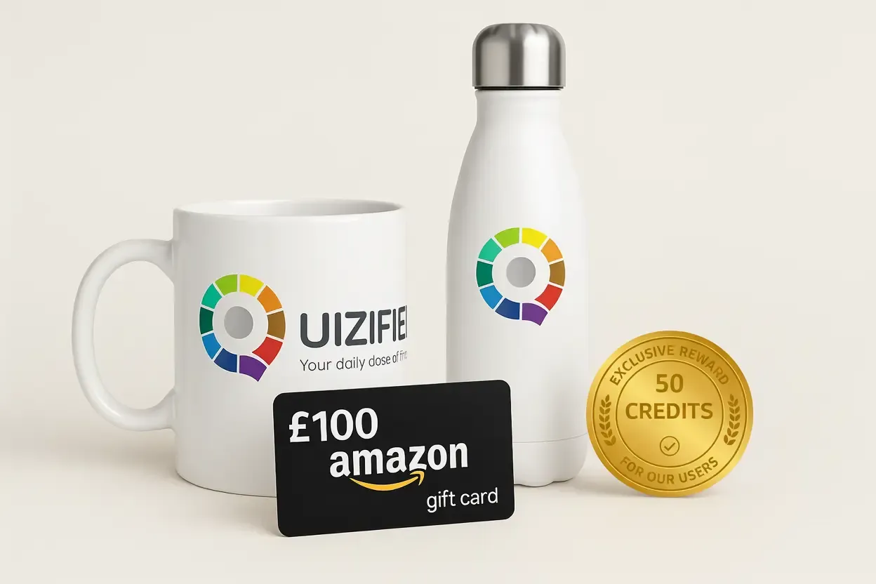 A collage of rewards that can be earned in the Quizified app, including a mug, a water bottle, and a t-shirt.