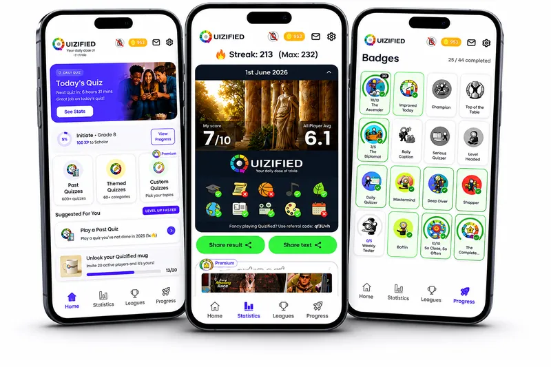 Quizified app — home, statistics and badges screens